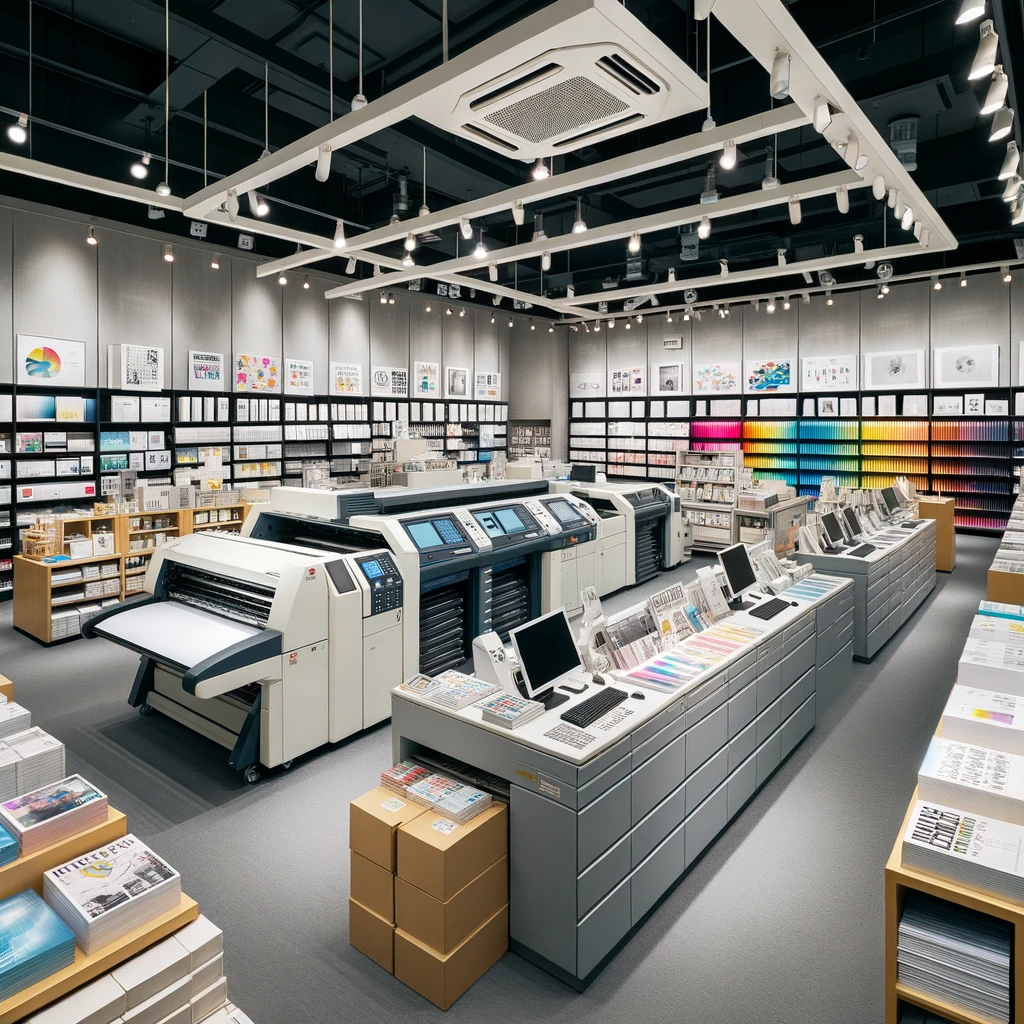 Photo of the interior of a reprographic store with advanced printing equipment, stacks of various paper types, and a service counter where staff assist customers.