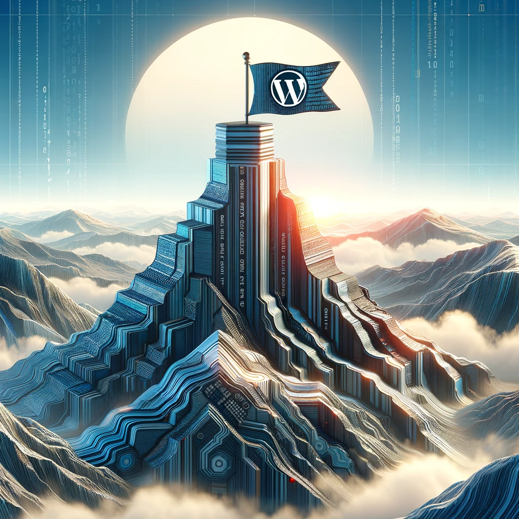 A mountain peak made of code and digital elements, with a WordPress logo flag at the summit, under a sunrise in a binary code-filled sky.